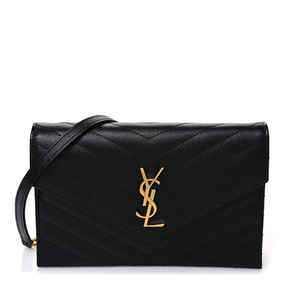 Saint Laurent Grain De Poudre Matelasse Chevron Monogram Envelope Chain Wallet Black 1 of 9