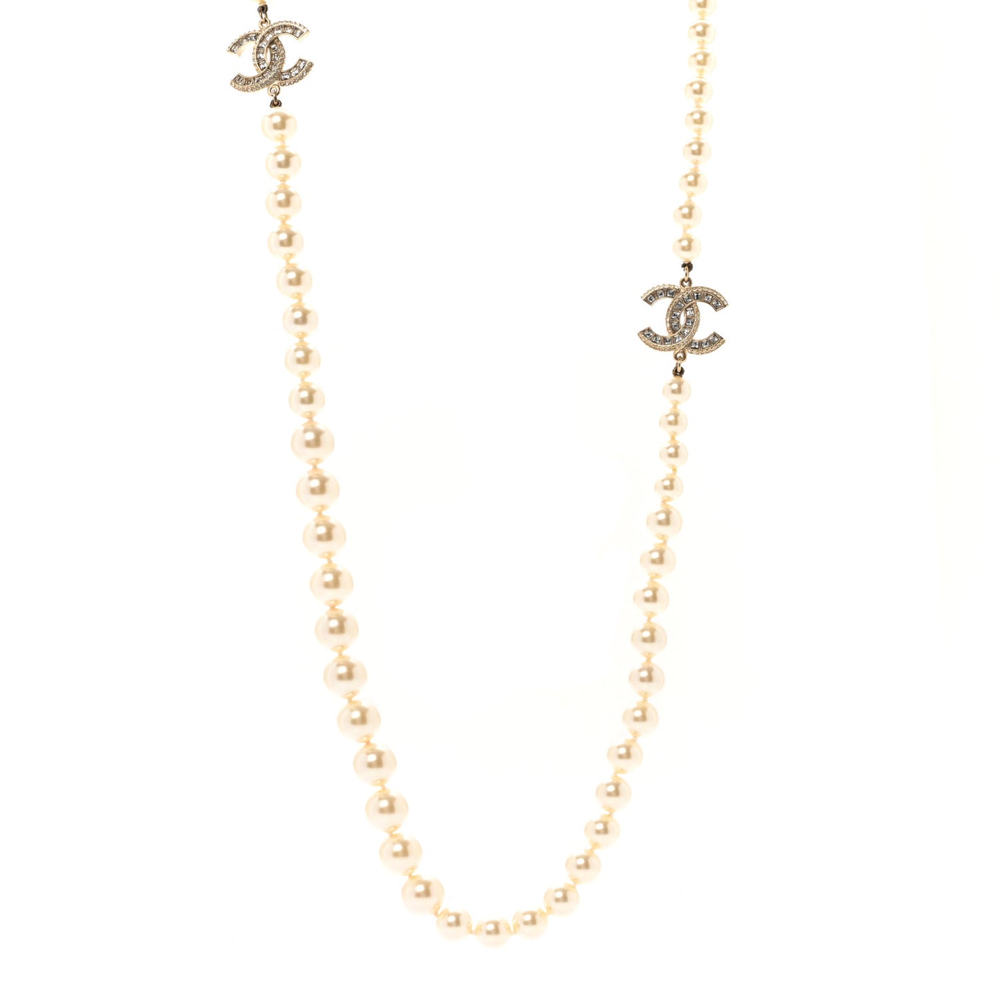 Pearl Baguette Crystal Long CC Necklace Gold