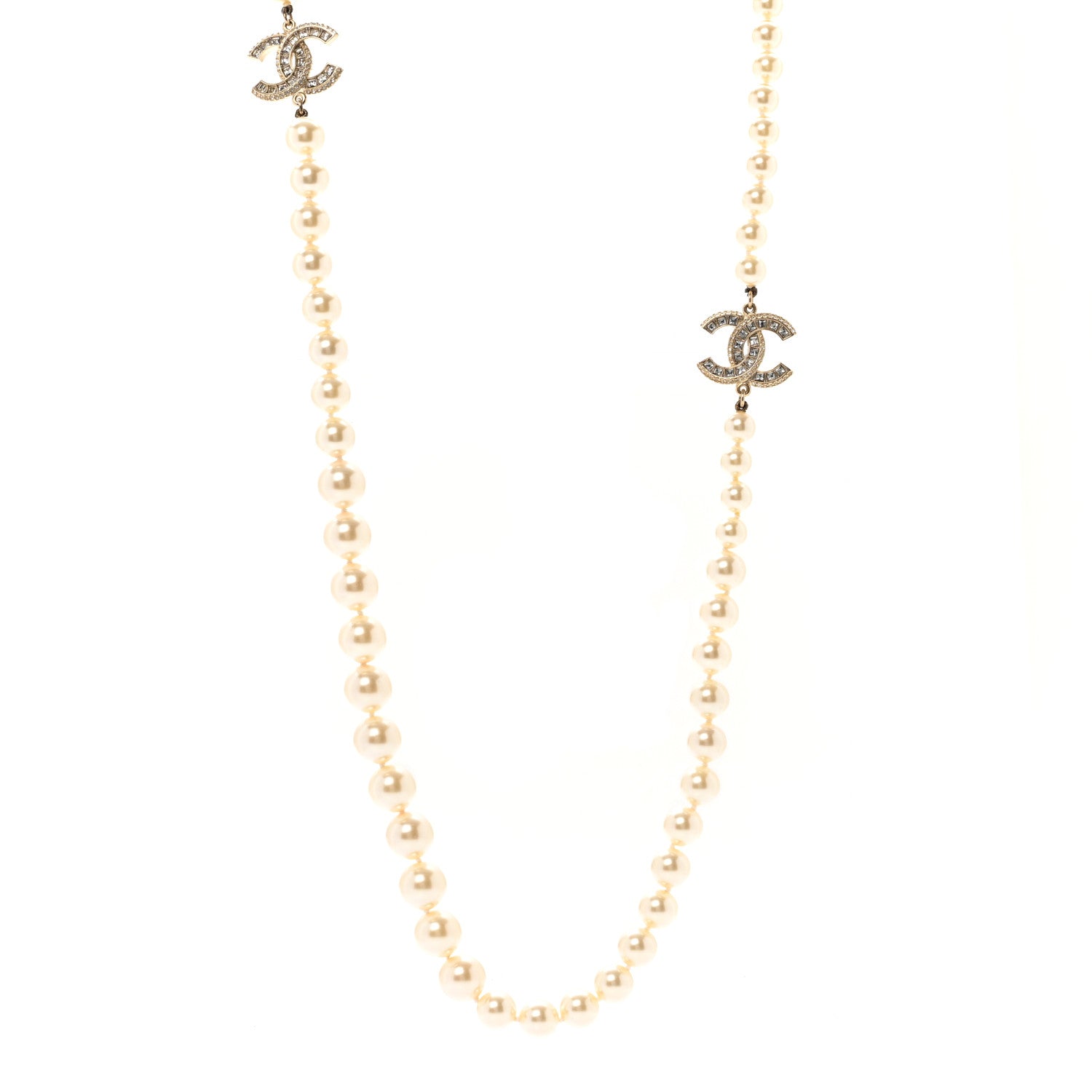 Chanel Pearl Baguette Crystal Long CC Necklace Gold 1 of 7