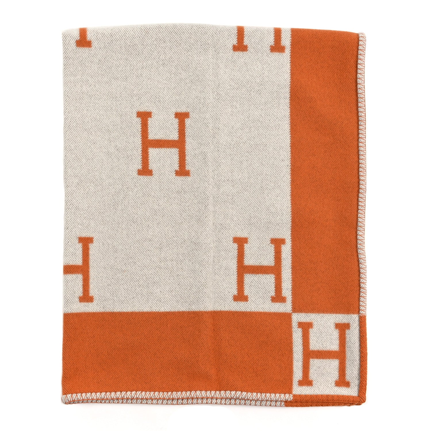 Hermes Wool Cashmere Signature Classic Avalon Blanket Ecru Potiron 1 of 3