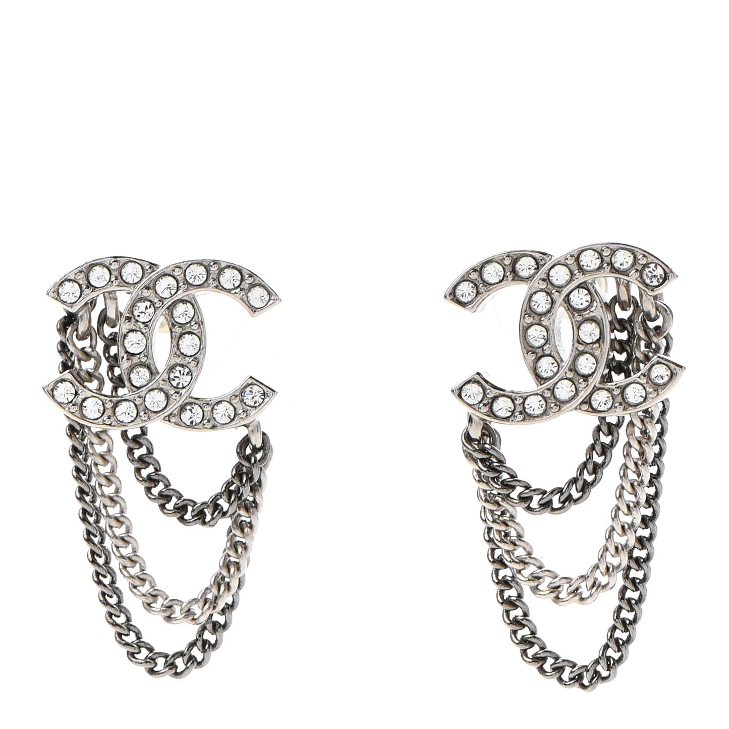Crystal Chain CC Earrings Silver