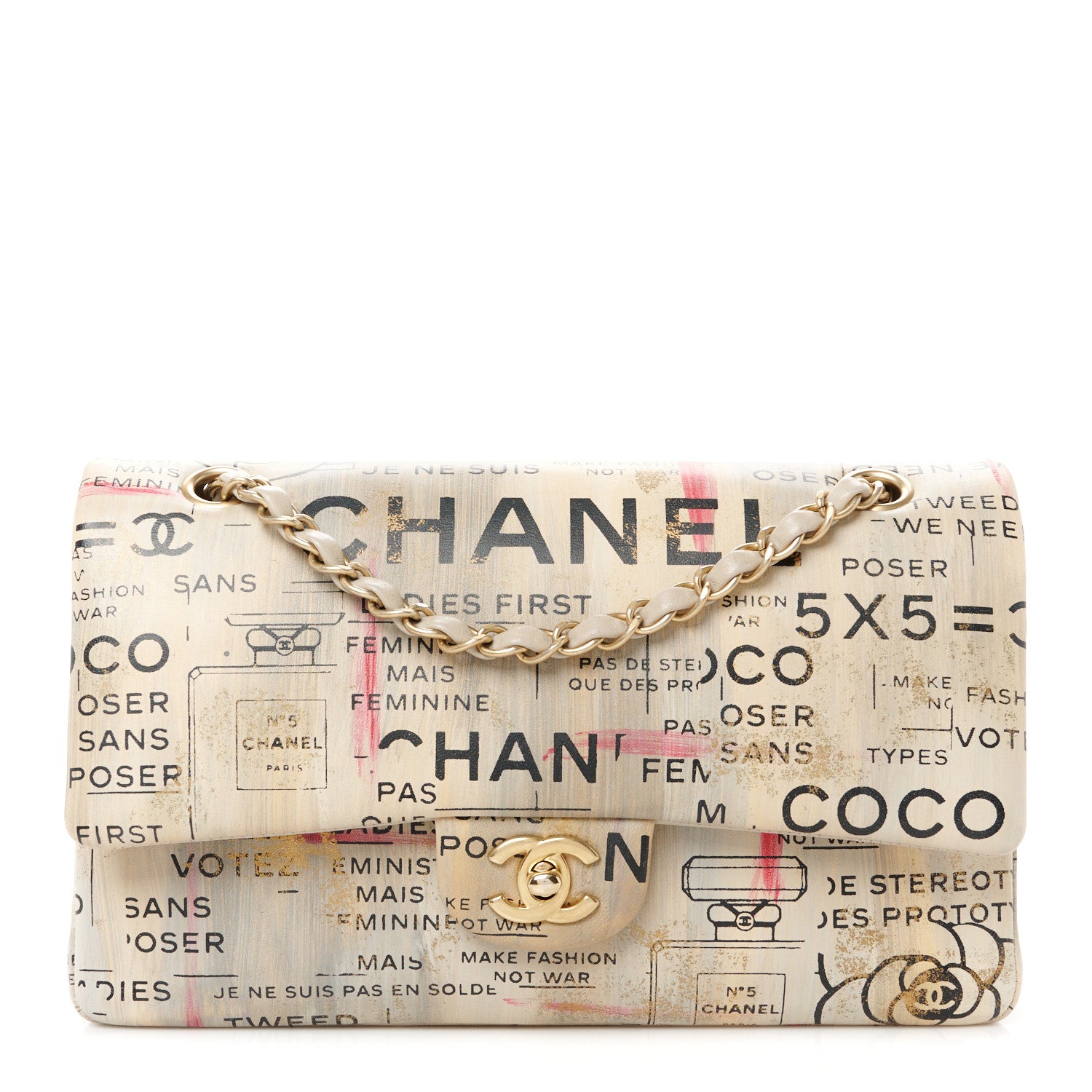 Chanel Lambskin Painted Feministe Newsprint Medium Double Flap Ecru Black 1 of 11