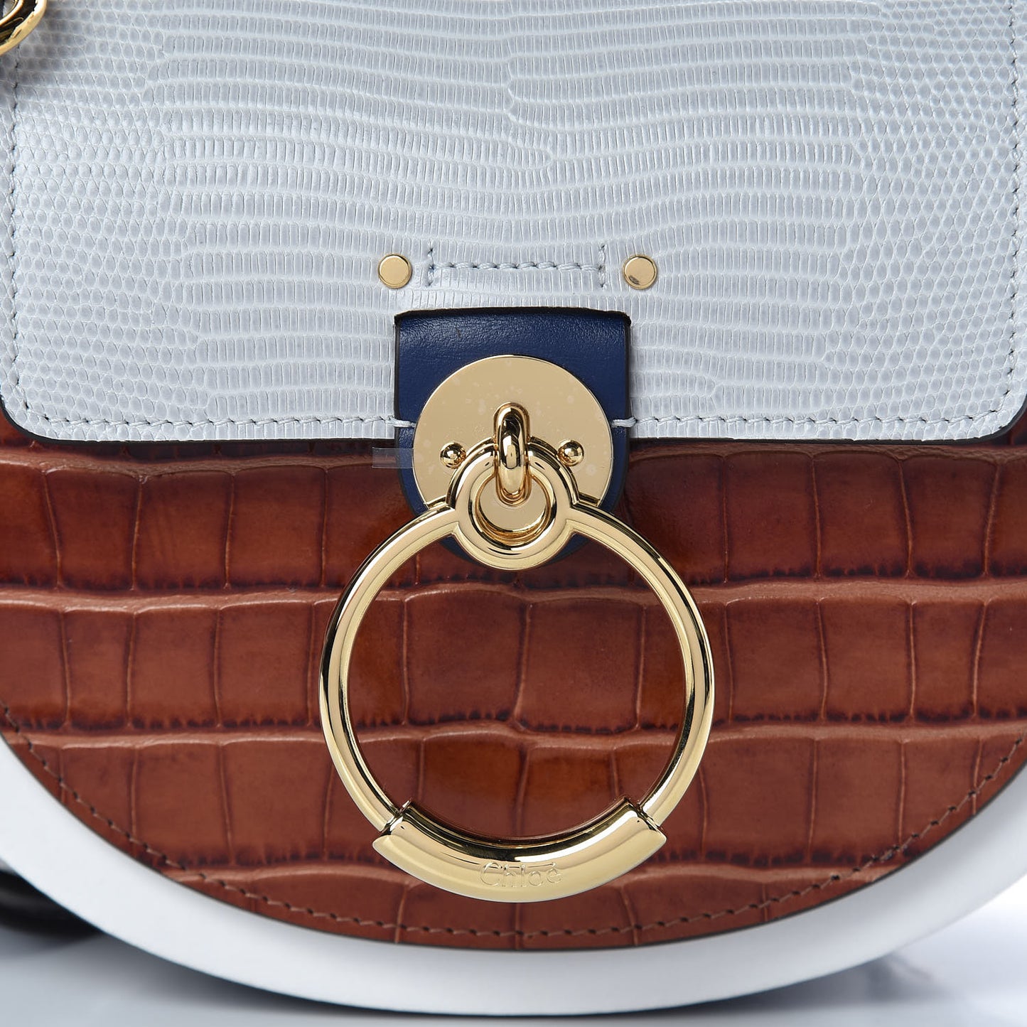 Shiny Calfskin Crocodile Embossed Small Tess Bag Blue Brown