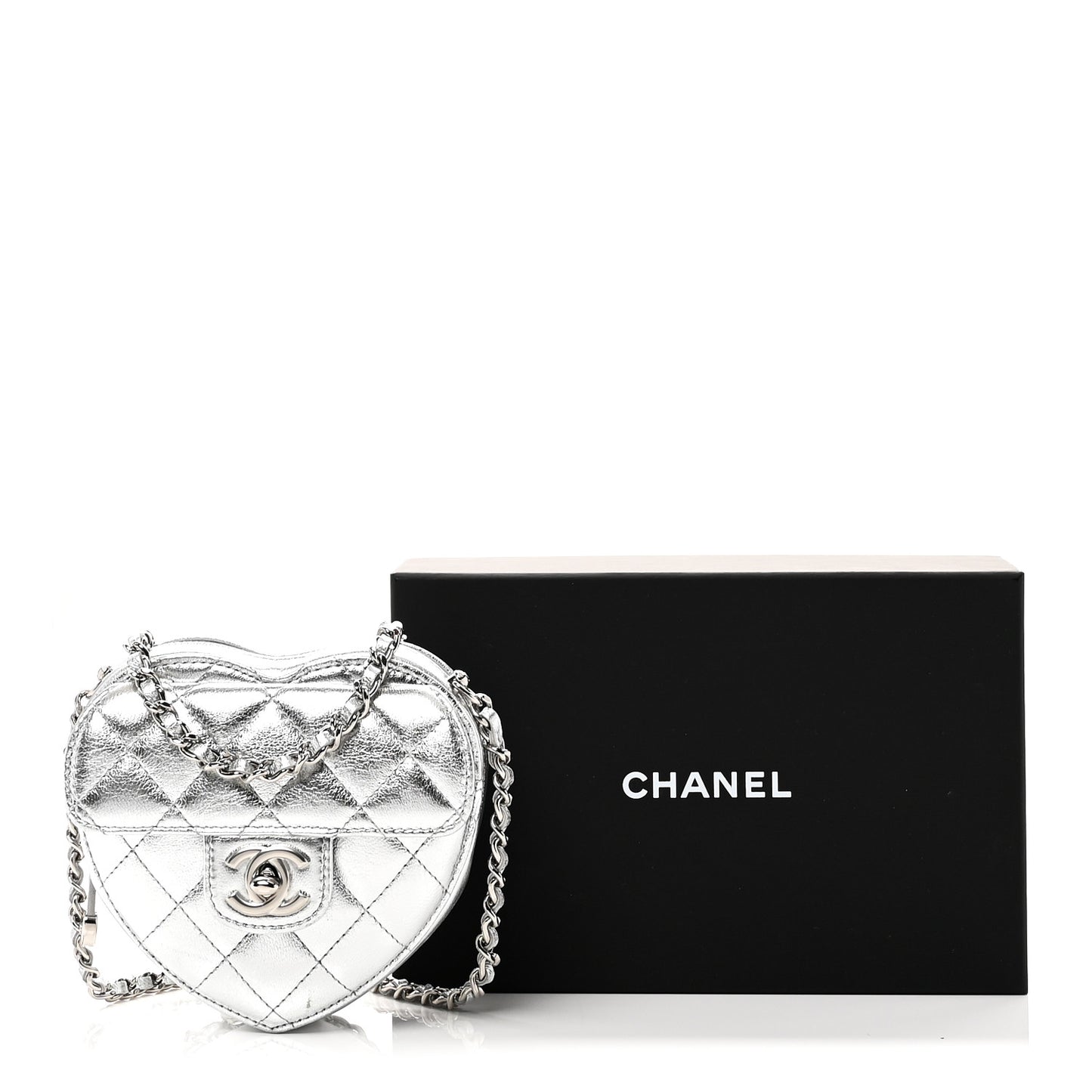 Metallic Lambskin Quilted CC In Love Heart Clutch With Chain Silver