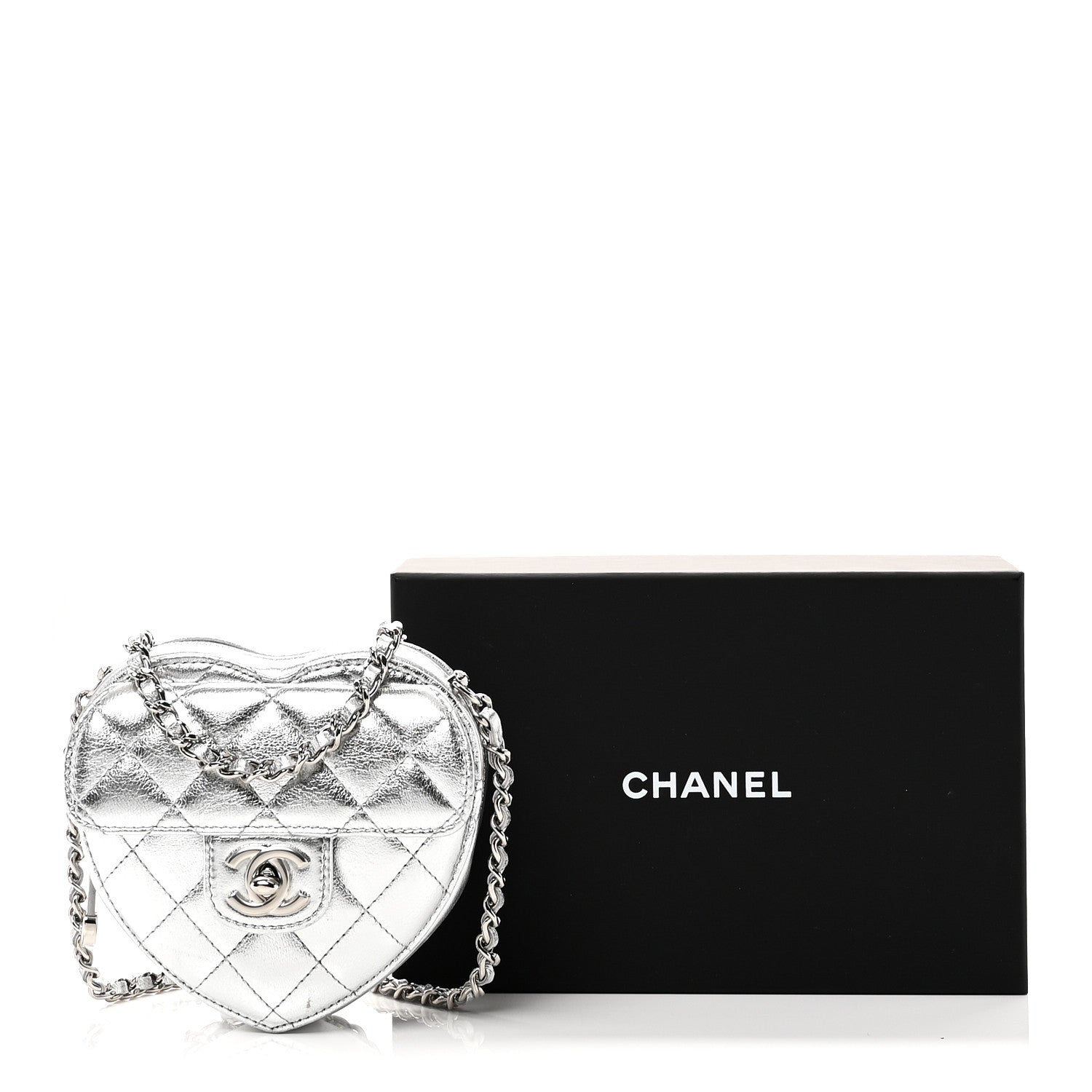 Chanel Metallic Lambskin Quilted CC In Love Heart Clutch With Chain Silver 10 of 10