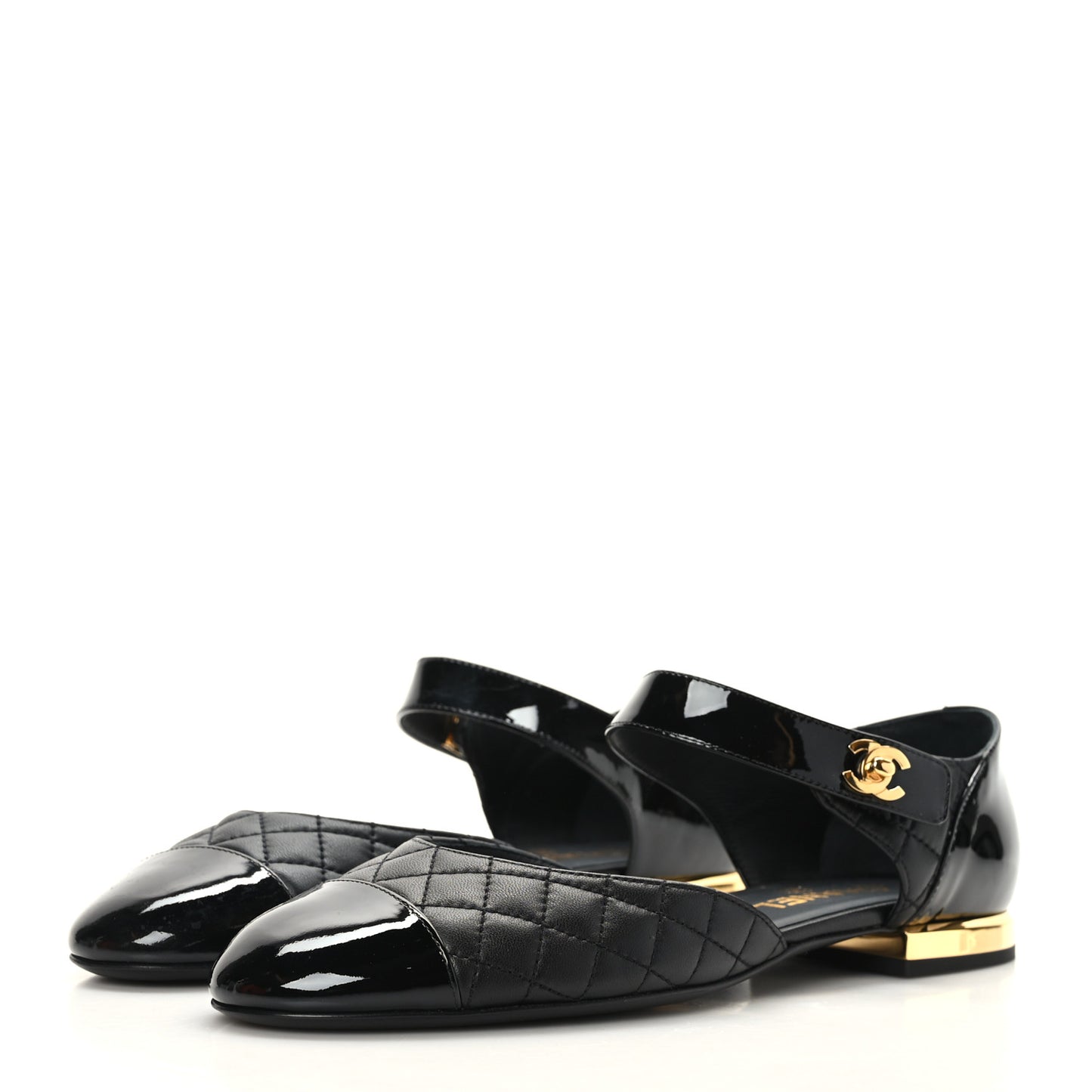 Patent Lambskin Quilted Cap Toe Ballerina Flats 39.5 Black