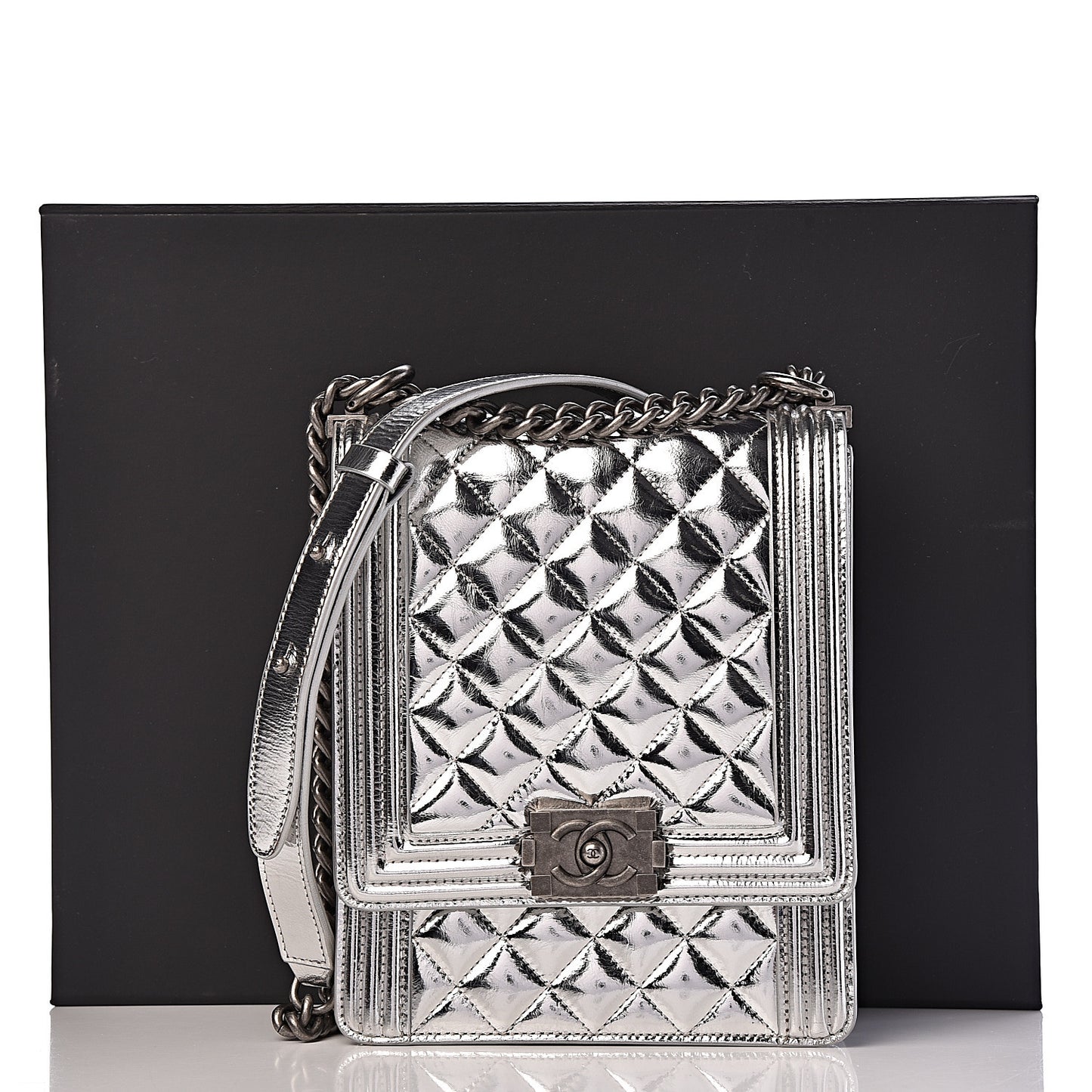 Metallic Goatskin Quilted North South Boy Flap Silver