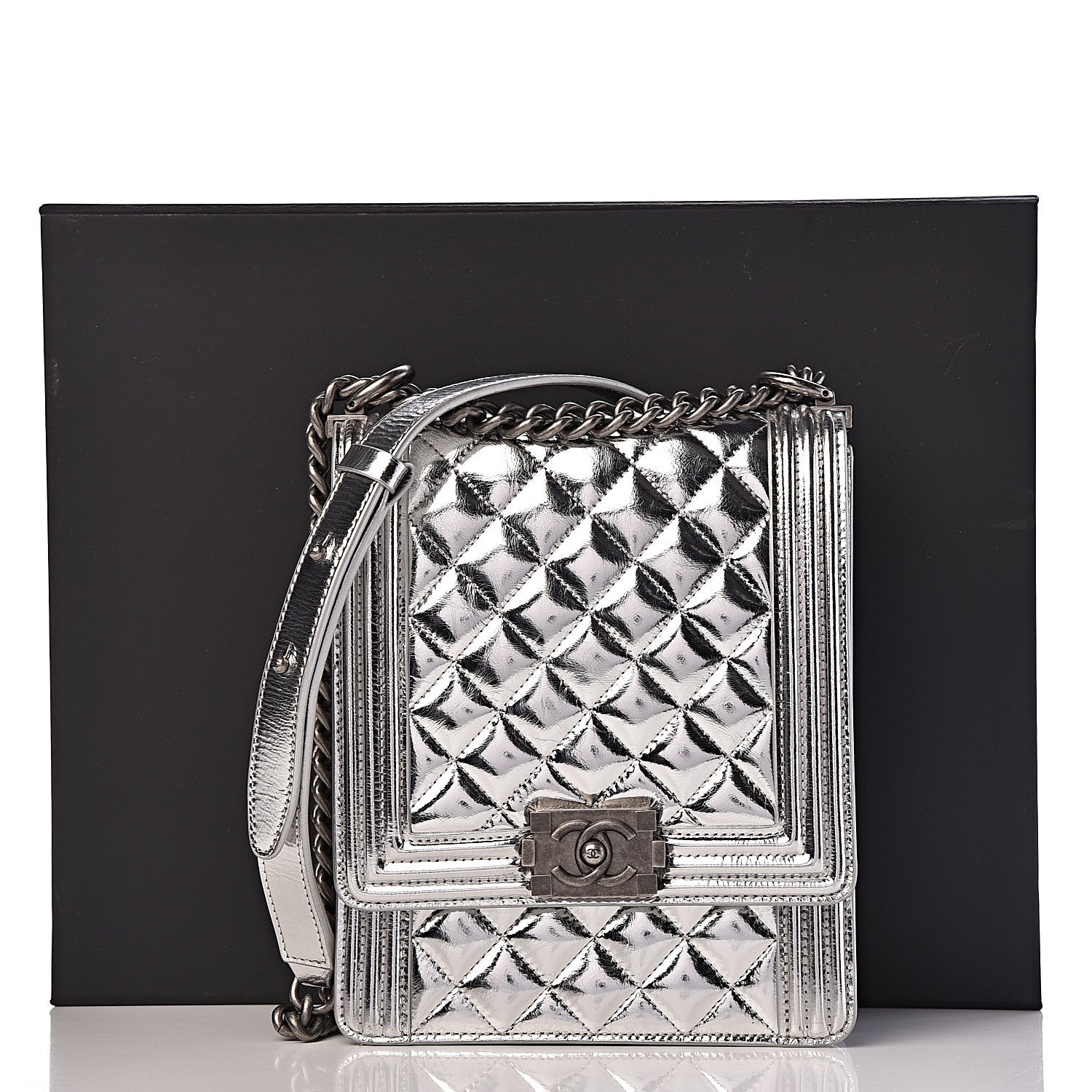 Chanel Metallic Goatskin Quilted North South Boy Flap Silver 11 of 11