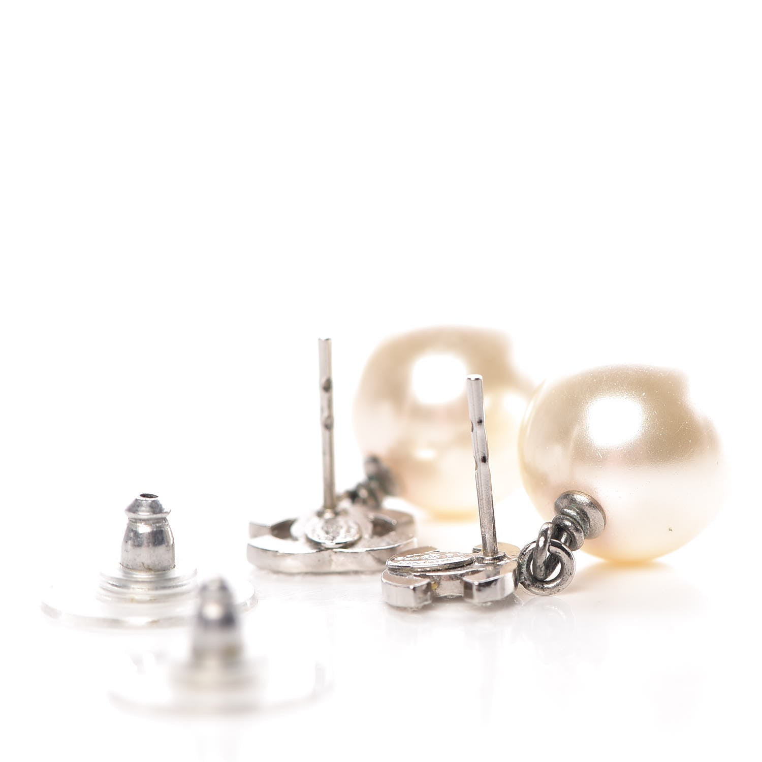 Chanel Crystal Pearl CC Drop Earrings Silver 3 of 5