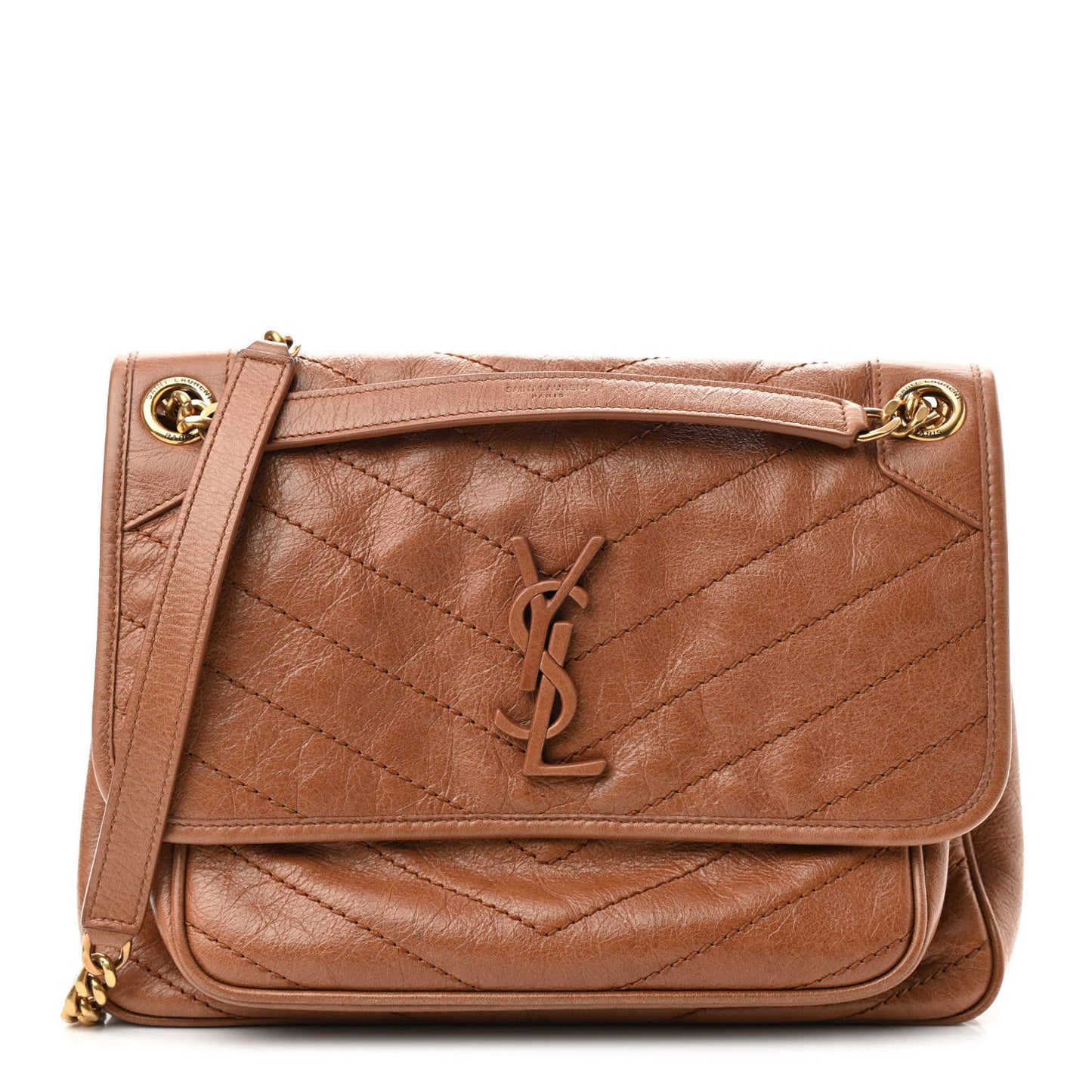 Crinkled Calfskin Matelasse Monogram Medium Niki Chain Satchel Caramel