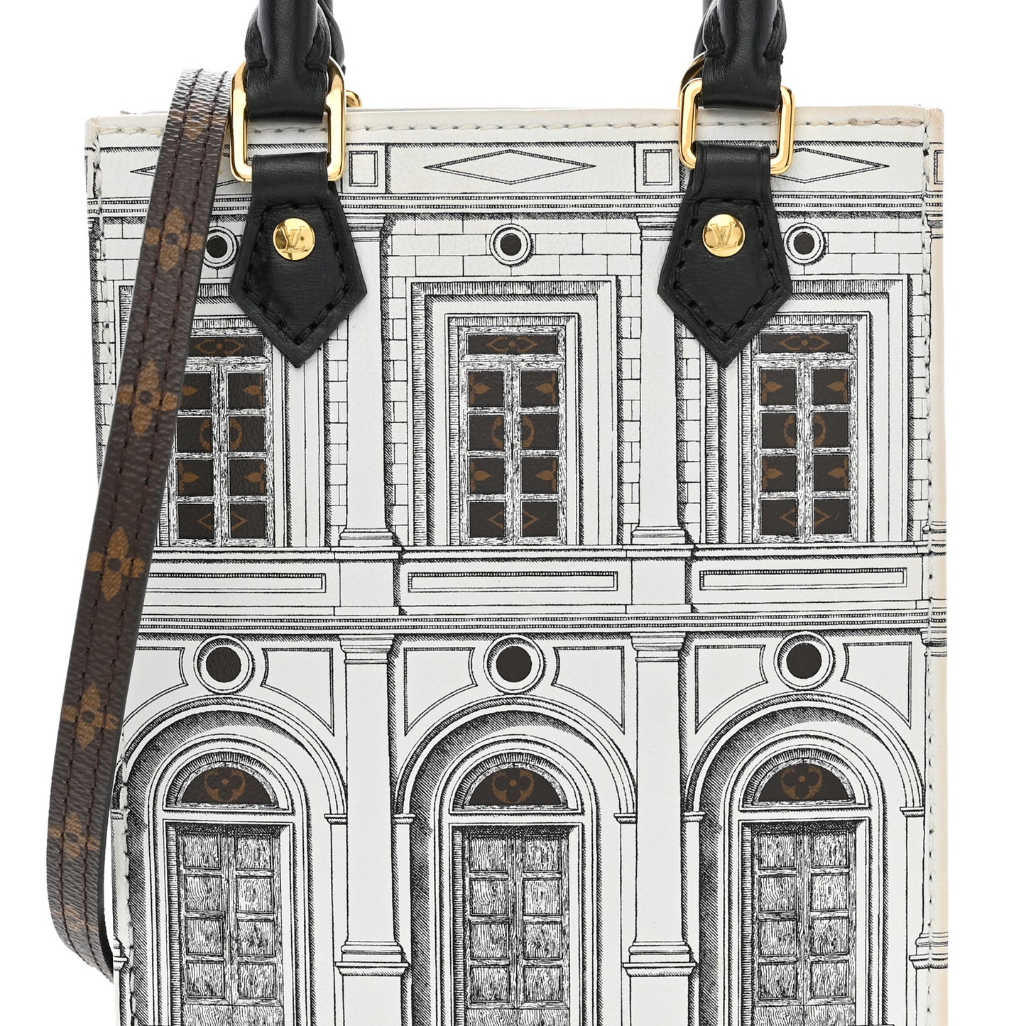 X FORNASETTI Calfskin Architettura Petit Sac Plat Black White
