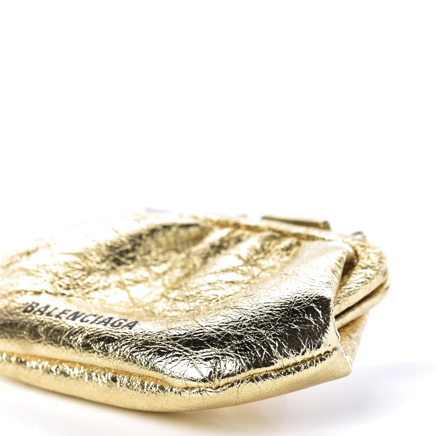Metallic Textured Calfskin Logo Cloud Coin Purse With Strap Gold