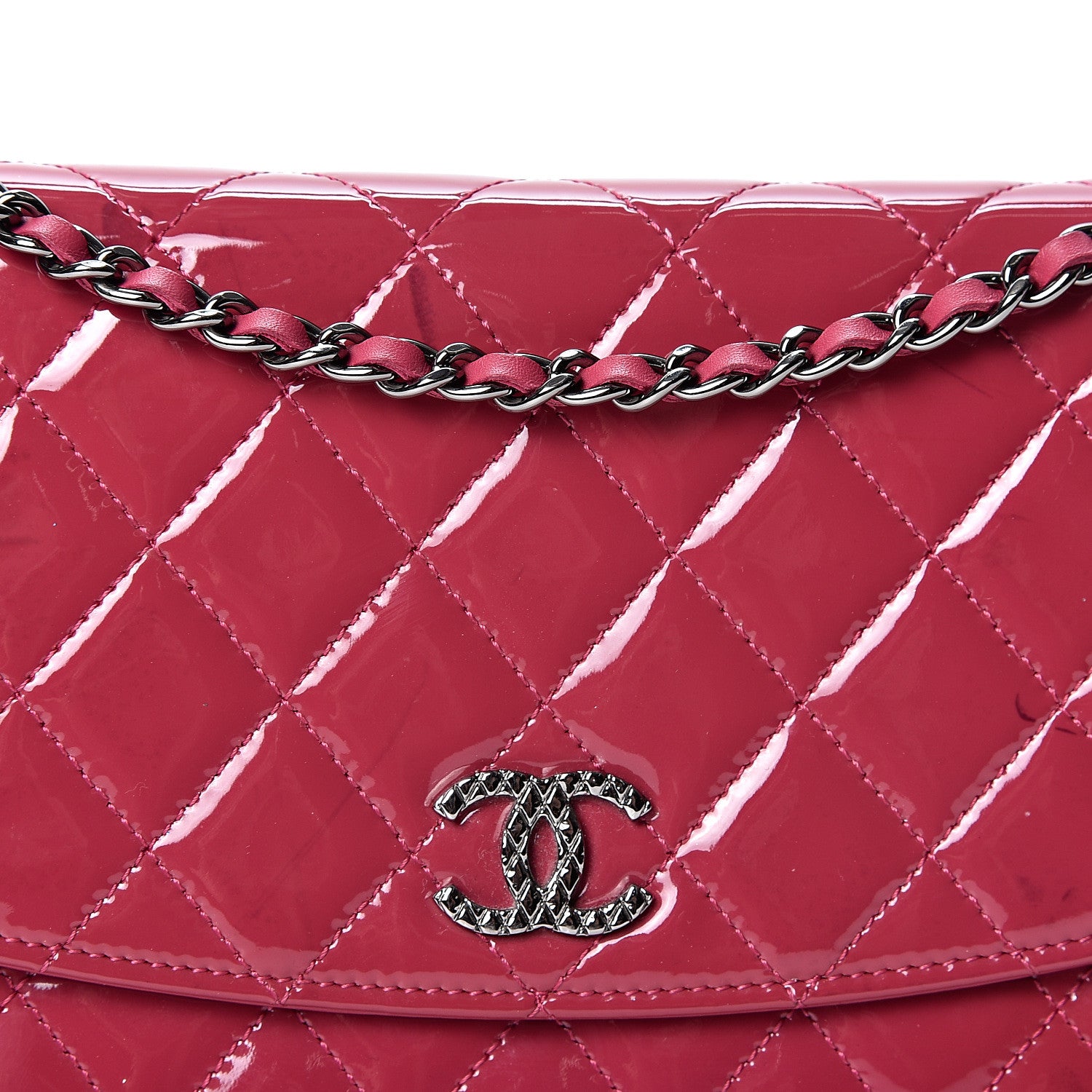 Chanel Patent Quilted Brilliant Wallet On Chain WOC Dark Pink 10 of 12