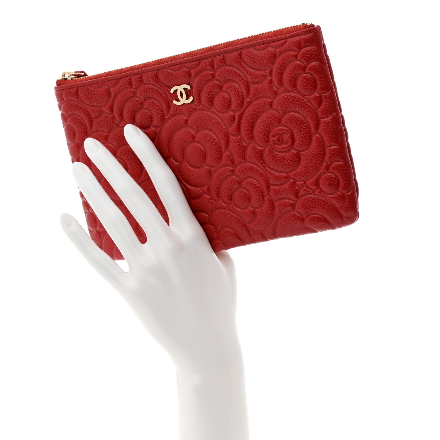 Chanel Caviar Camellia Embossed Cosmetic Pouch Red 2 of 8