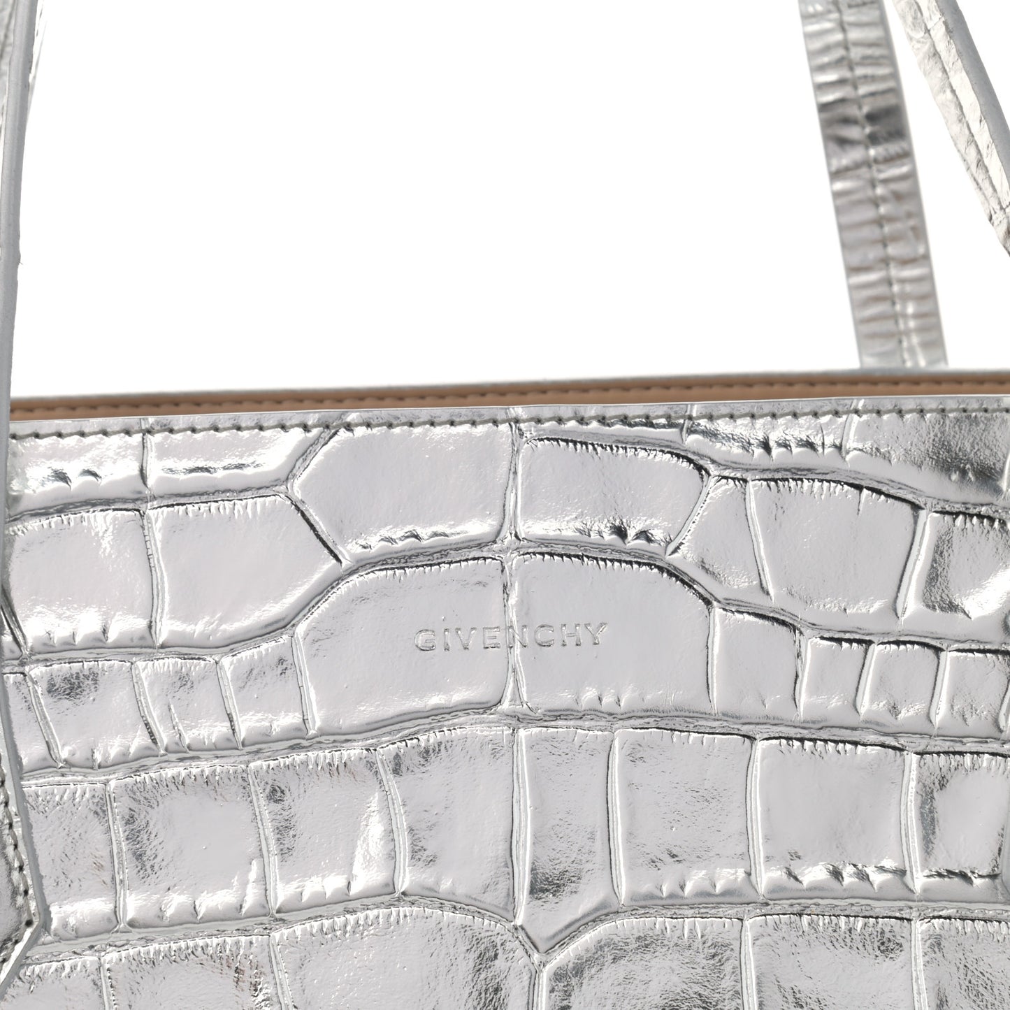 Metallic Calfskin Crocodile Embossed Wing Tote Silver