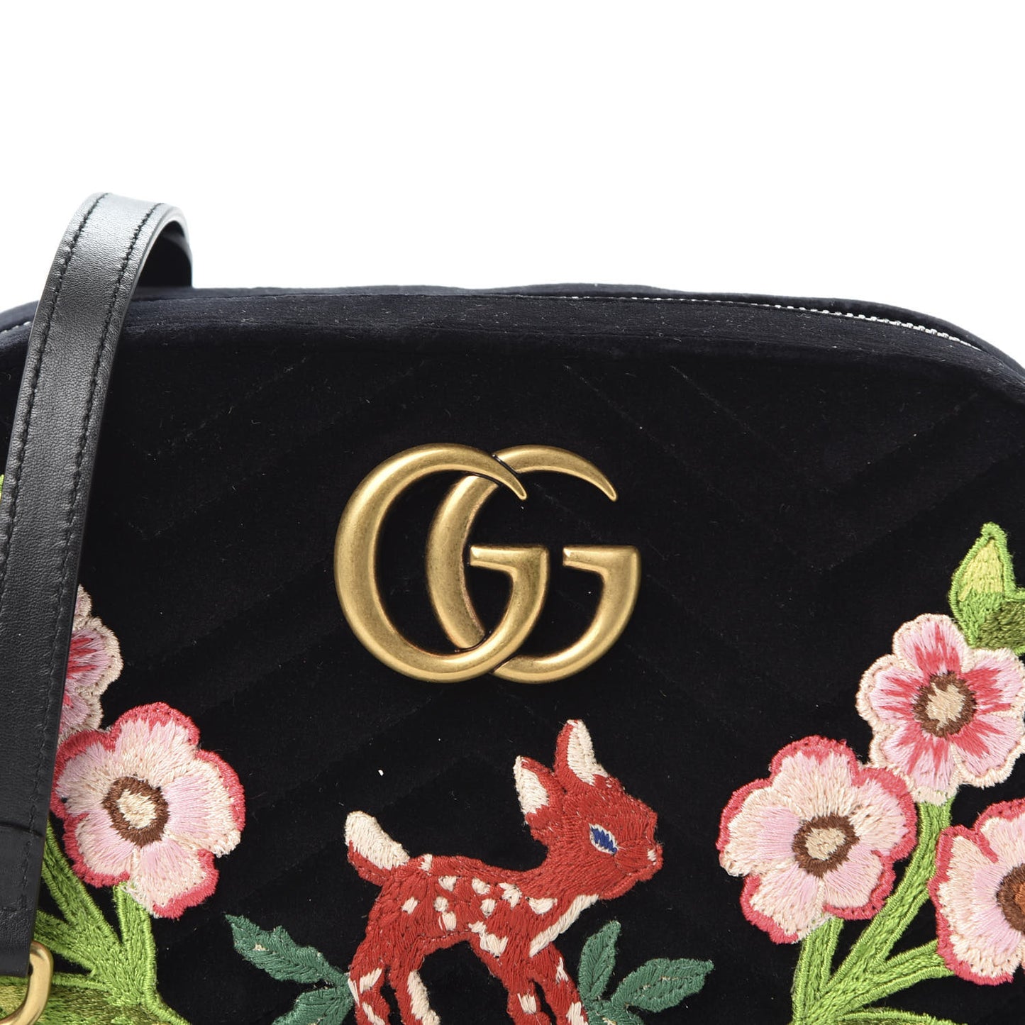Velvet Matelasse Deer Embroidered Small GG Marmont Chain Shoulder Bag Black