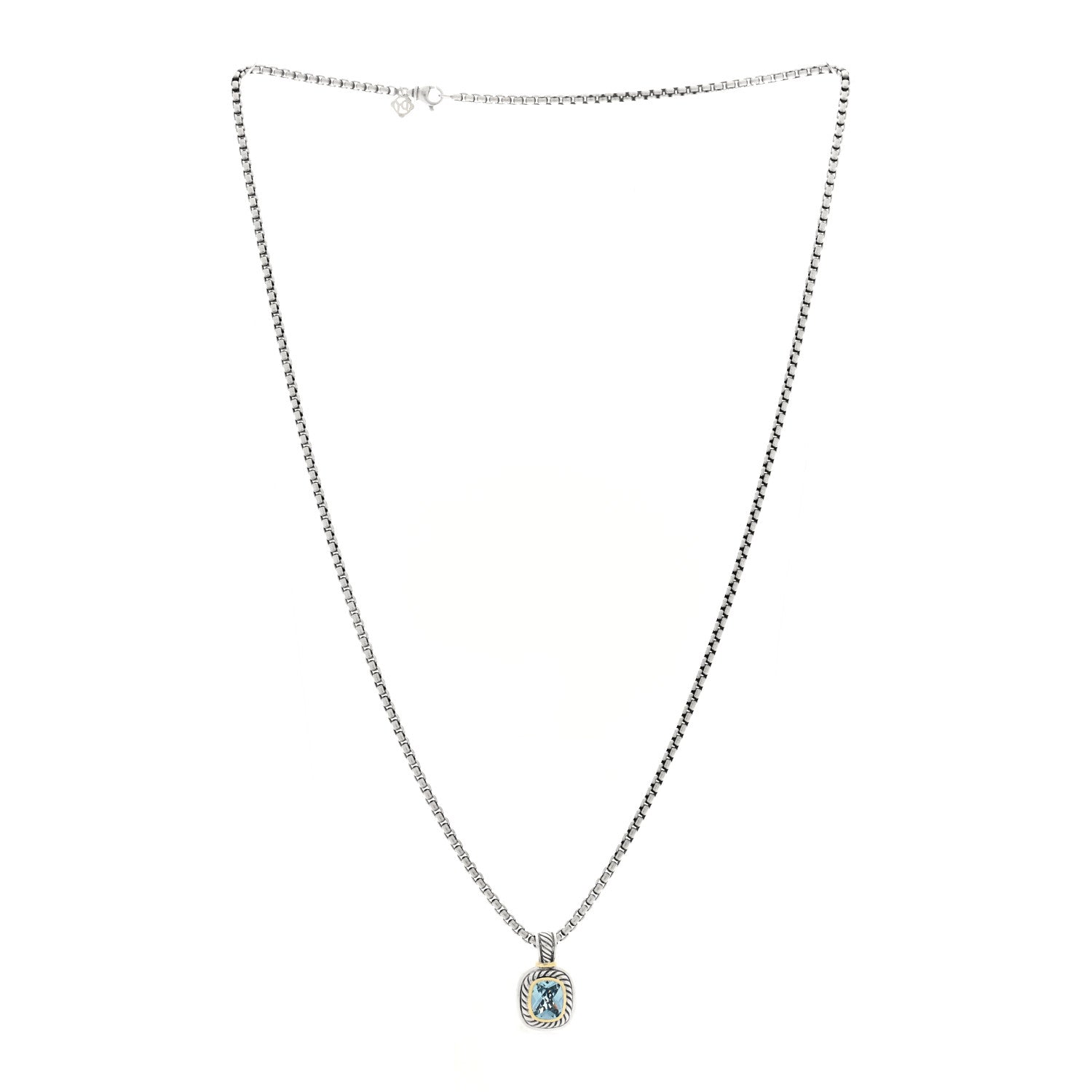 David Yurman Sterling Silver 14K Yellow Gold Blue Topaz 12mm Albion Pendant Box Chain Necklace 3 of 5