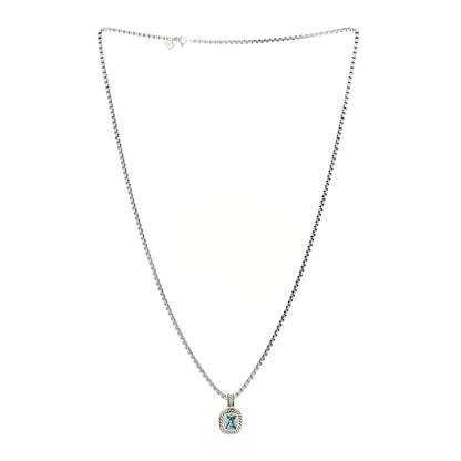 David Yurman Sterling Silver 14K Yellow Gold Blue Topaz 12mm Albion Pendant Box Chain Necklace 3 of 5