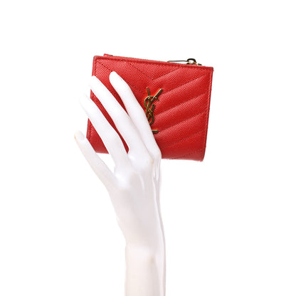 Saint Laurent Grain De Poudre Matelasse Chevron Monogram Zipped Card Case Bandana Red 2 of 8