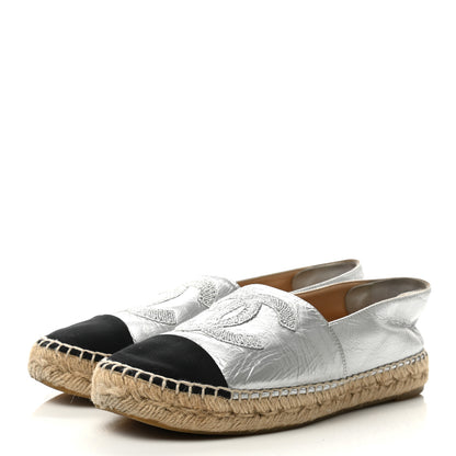 Chanel Metallic Lambskin Grosgrain Embroidered CC Espadrilles 38 Silver Black 3 of 13