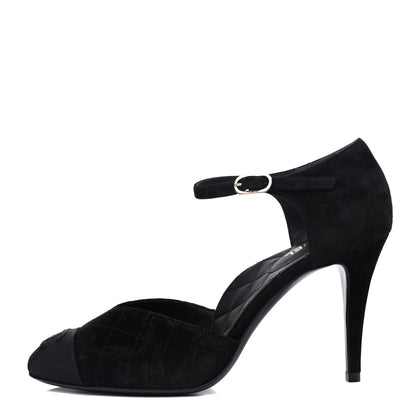 Chanel Suede Grosgrain Cap Toe CC Ankle Strap Pumps 39 Black 1 of 9