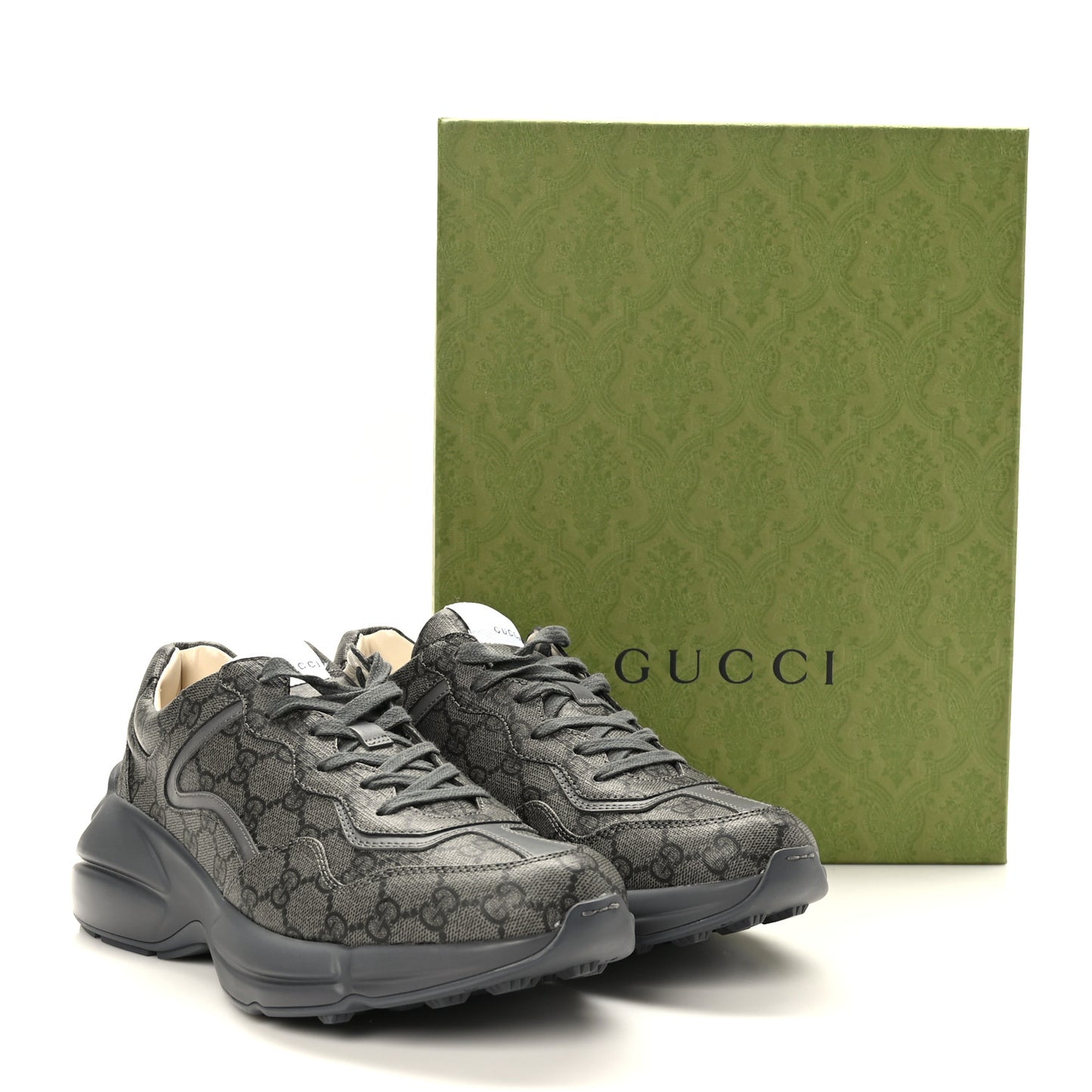 GG Supreme Monogram Apollo Calfskin Mens Rhyton Sneakers 8 Grey Black Graphite Grey