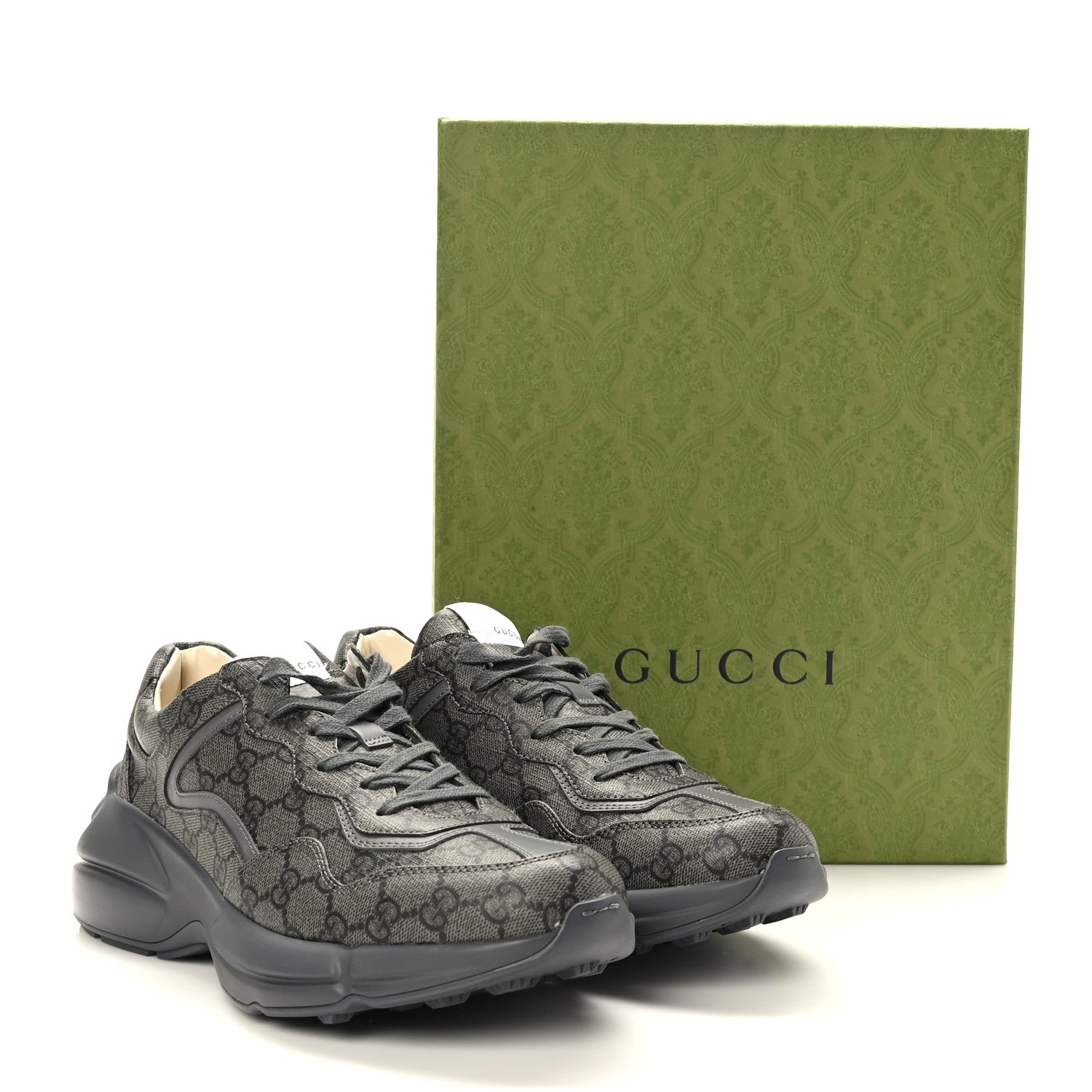 Gucci GG Supreme Monogram Apollo Calfskin Mens Rhyton Sneakers 8 Grey Black Graphite Grey 10 of 10