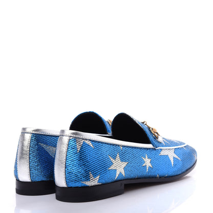 Gucci Lurex Calfskin Starry Sky Womens Jordaan Loafers 39.5 Bluette Silver 4 of 11