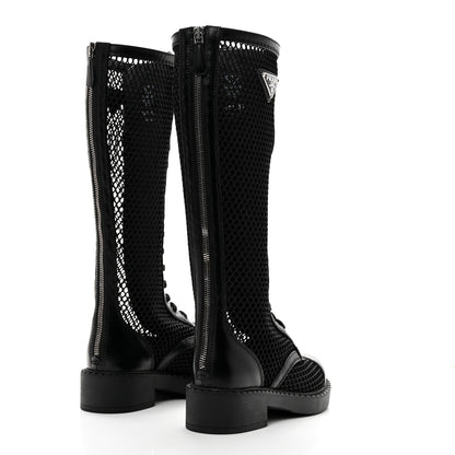 Prada Rete Spazzolato Rois Metal Triangle Logo Womens Knee High 50mm Boots 35 Black 4 of 9