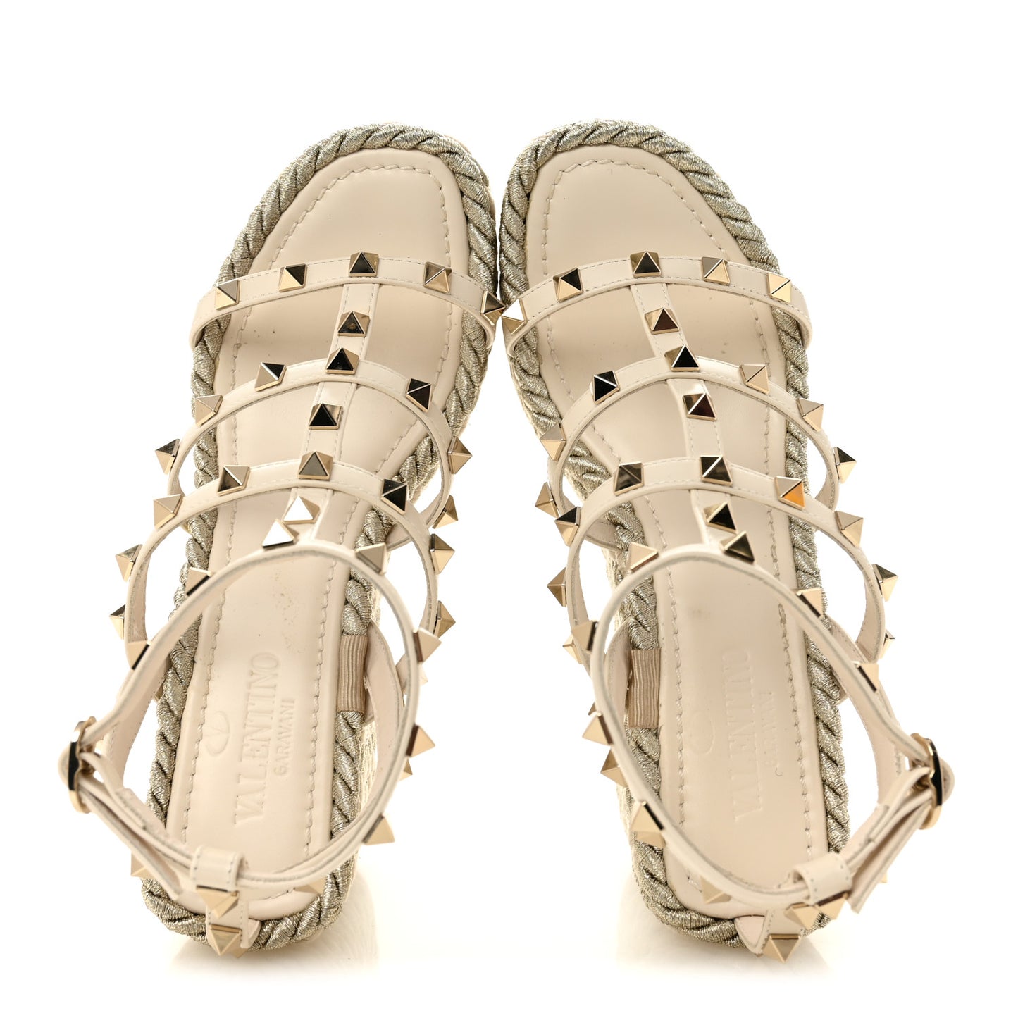 Calfskin Rockstud Ankle Strap Torchon Espadrille Caged 25/95mm Wedge Sandals 36 Light Ivory