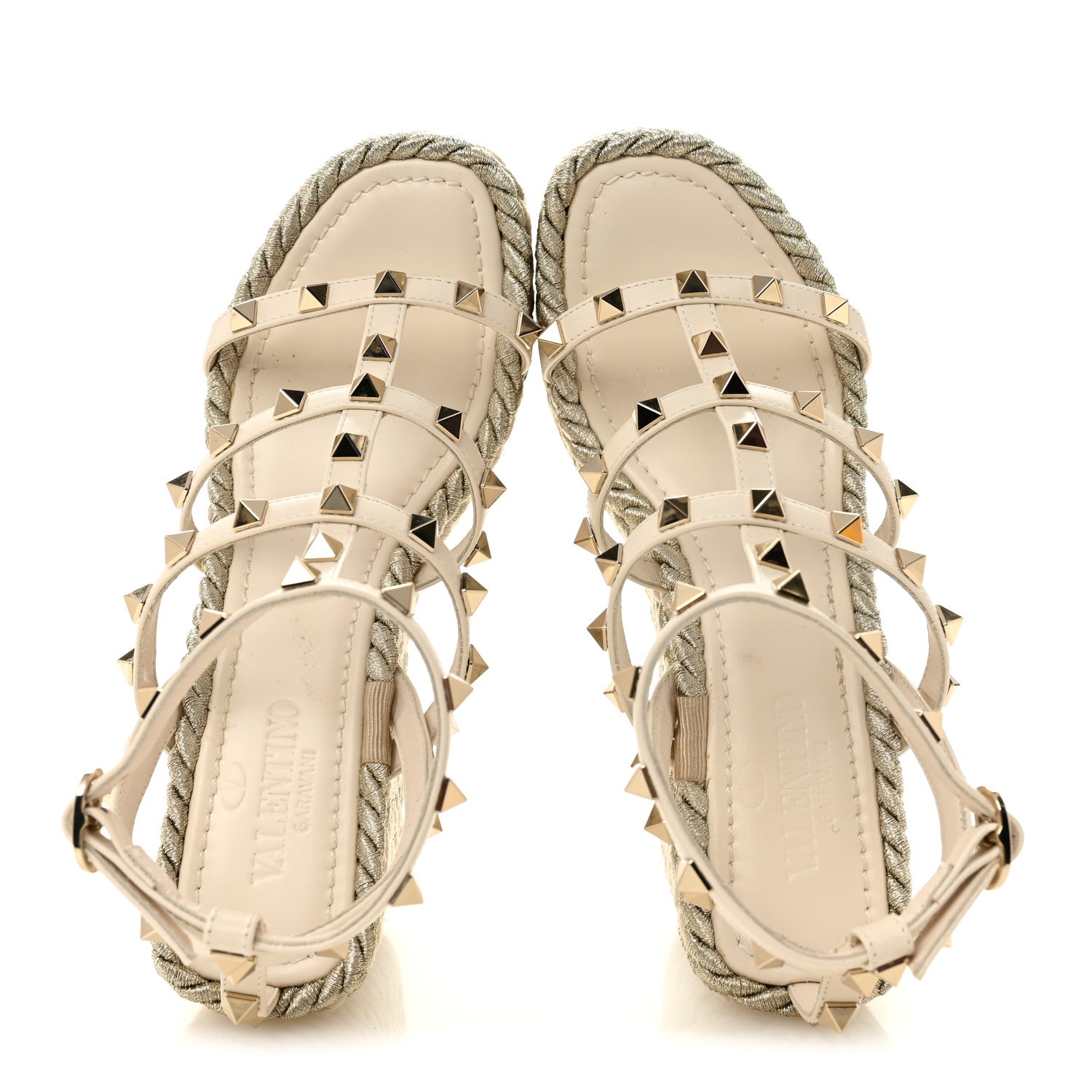Valentino Garavani Calfskin Rockstud Ankle Strap Torchon Espadrille Caged 25/95mm Wedge Sandals 36 Light Ivory 2 of 12