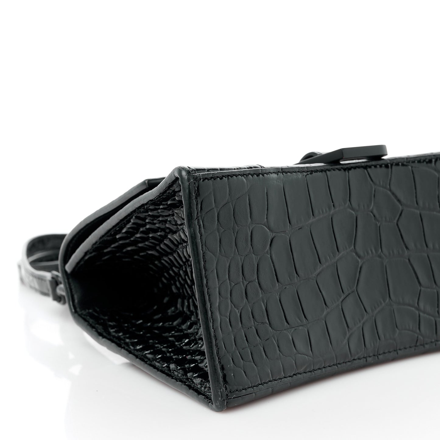 Shiny Calfskin Monochrome Crocodile Embossed Small Hourglass Top Handle Bag Black