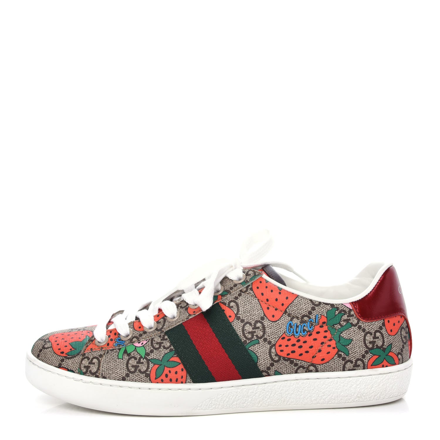 Gucci GG Supreme Monogram Strawberry Web Womens Ace Sneakers 38 Beige Multicolor Red Green 1 of 11