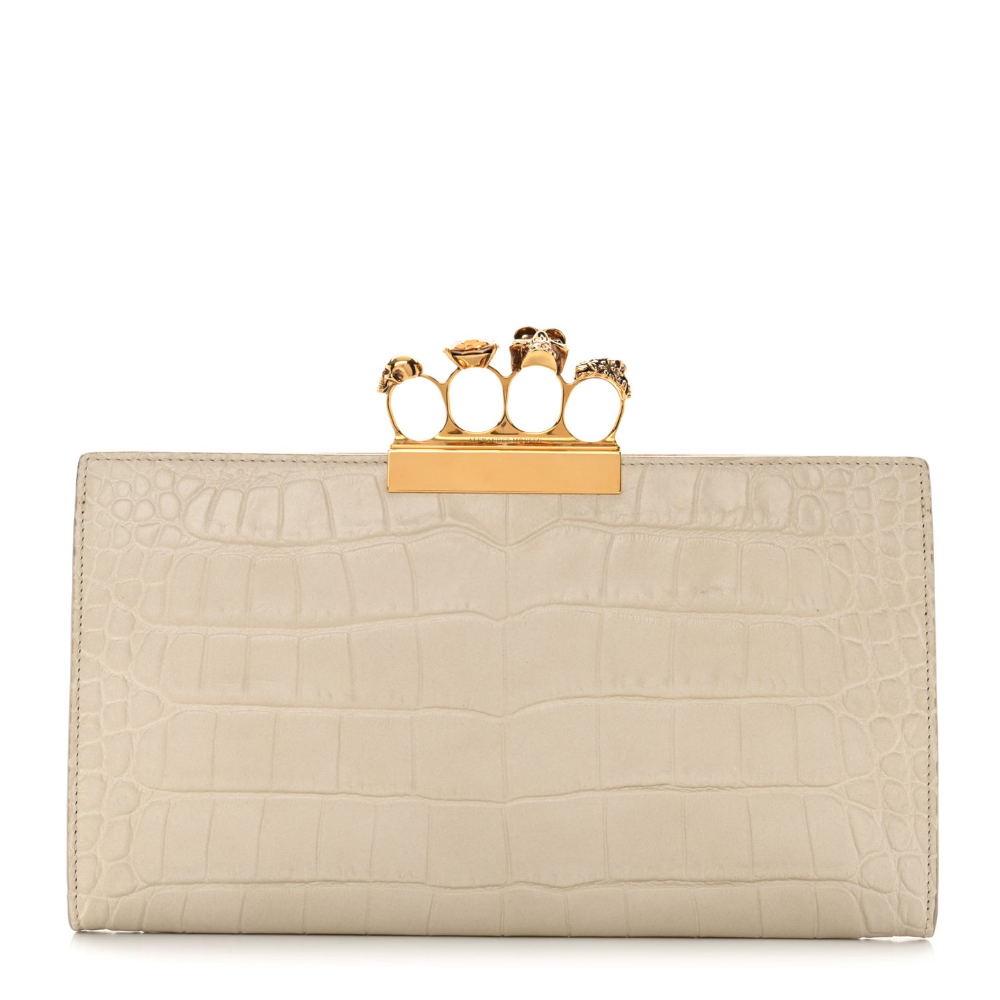 Calfskin Crocodile Embossed Knuckle Flat Clutch Ivory