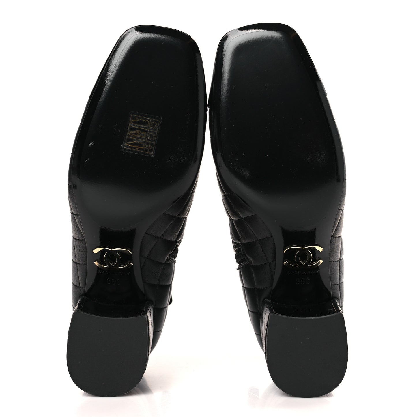 Lambskin Quilted Patent Cap Toe CC Booties 38 Black