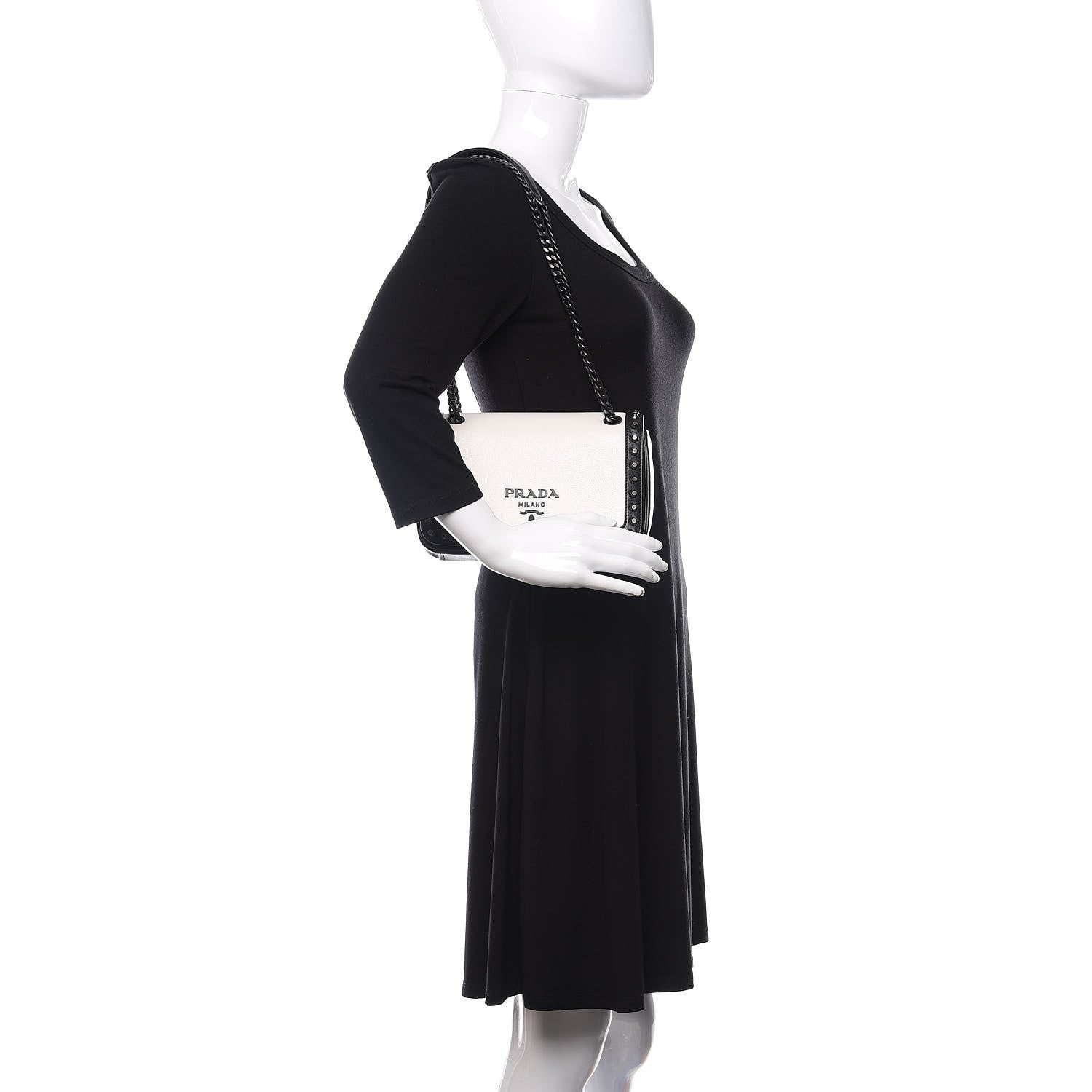 Prada Glace Calfskin Studded Crossbody White Black 3 of 9