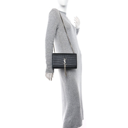 Saint Laurent Calfskin Crocodile Embossed Medium Classic Monogram Kate Tassel Satchel Black 2 of 11