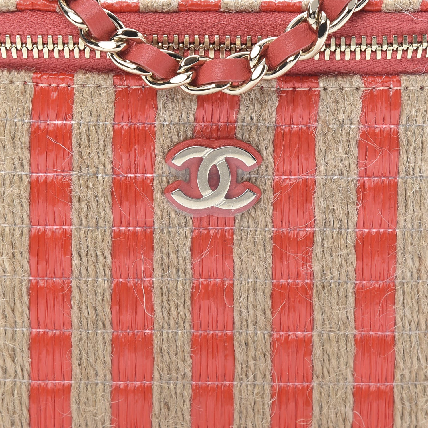 Chanel Raffia Jute Striped Mini Vanity Case With Chain Red Beige 9 of 12