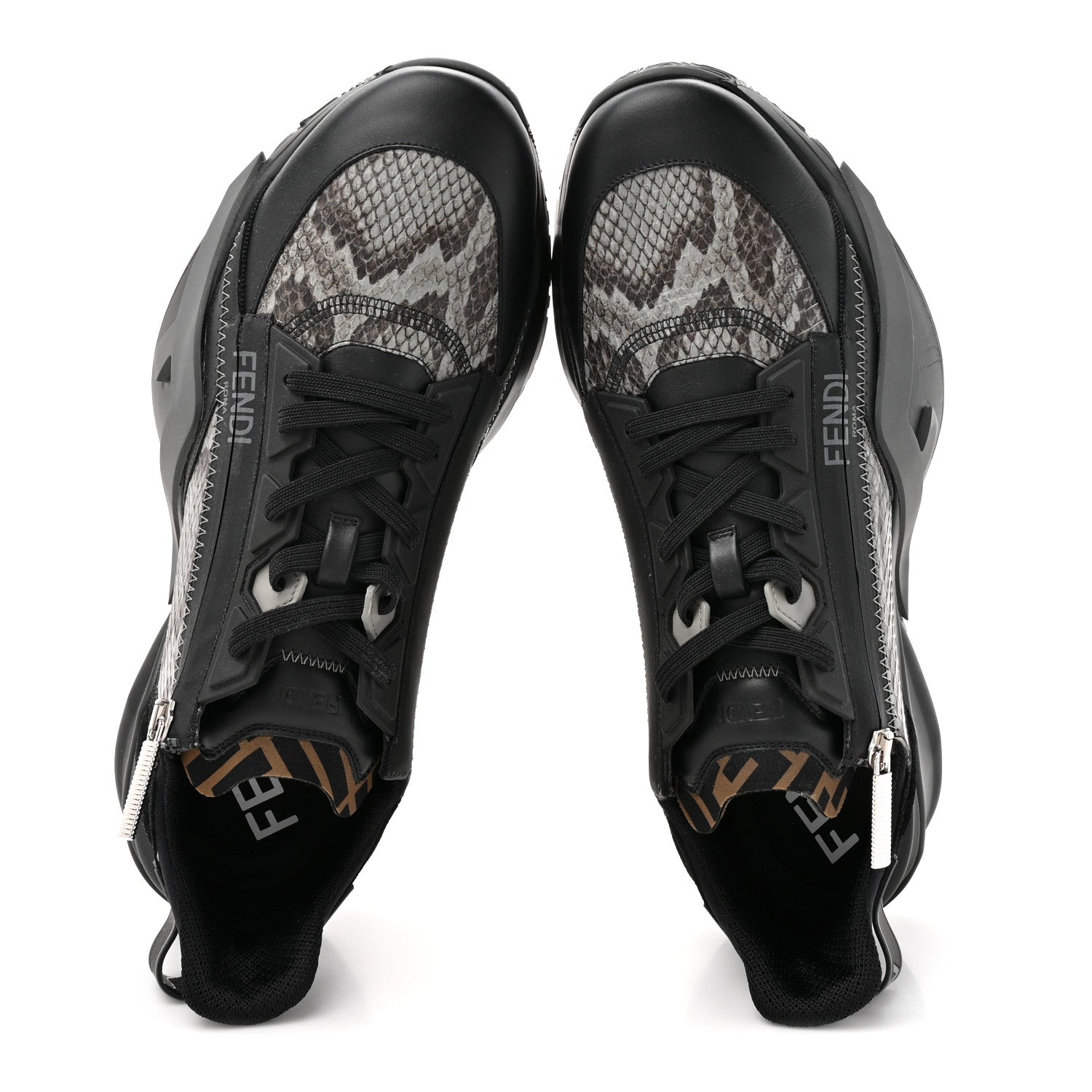 Fendi Calfskin Suede Snakeskin Mens Fendi Flow Low Top Sneakers 12 Asfalto Black Tabacco 2 of 9