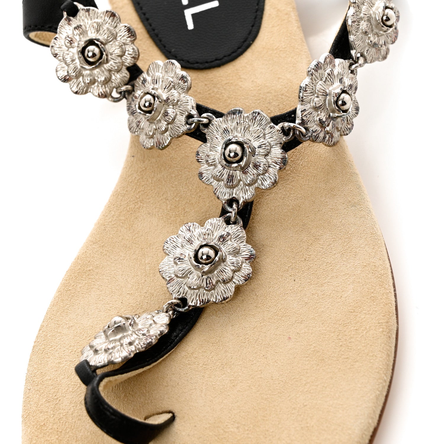 Chanel Lambskin Metal Camellia Thong Sandals 36.5 Black 9 of 11
