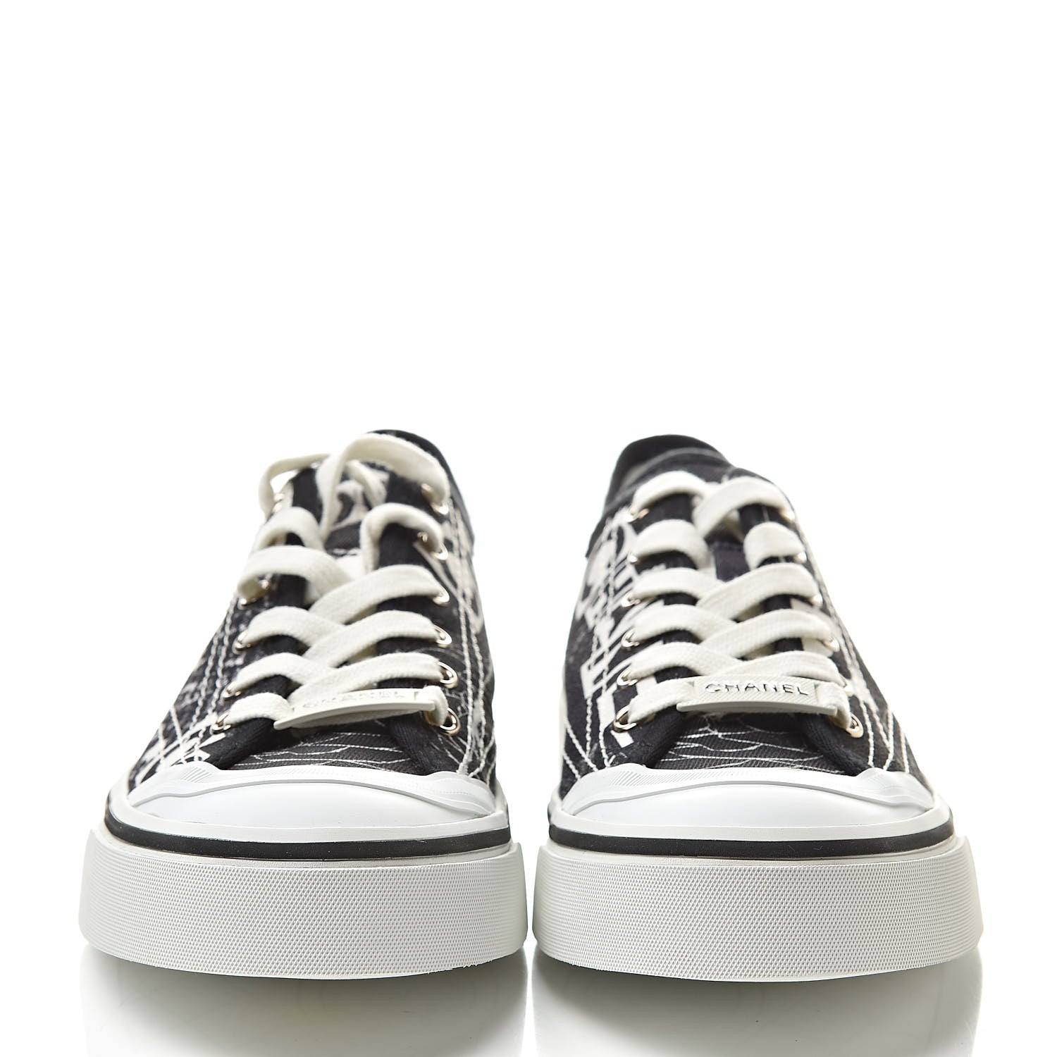 Chanel Printed Fabric Low Top Logo Sneakers 38.5 White Black 2 of 9