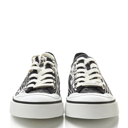 Chanel Printed Fabric Low Top Logo Sneakers 38.5 White Black 2 of 9