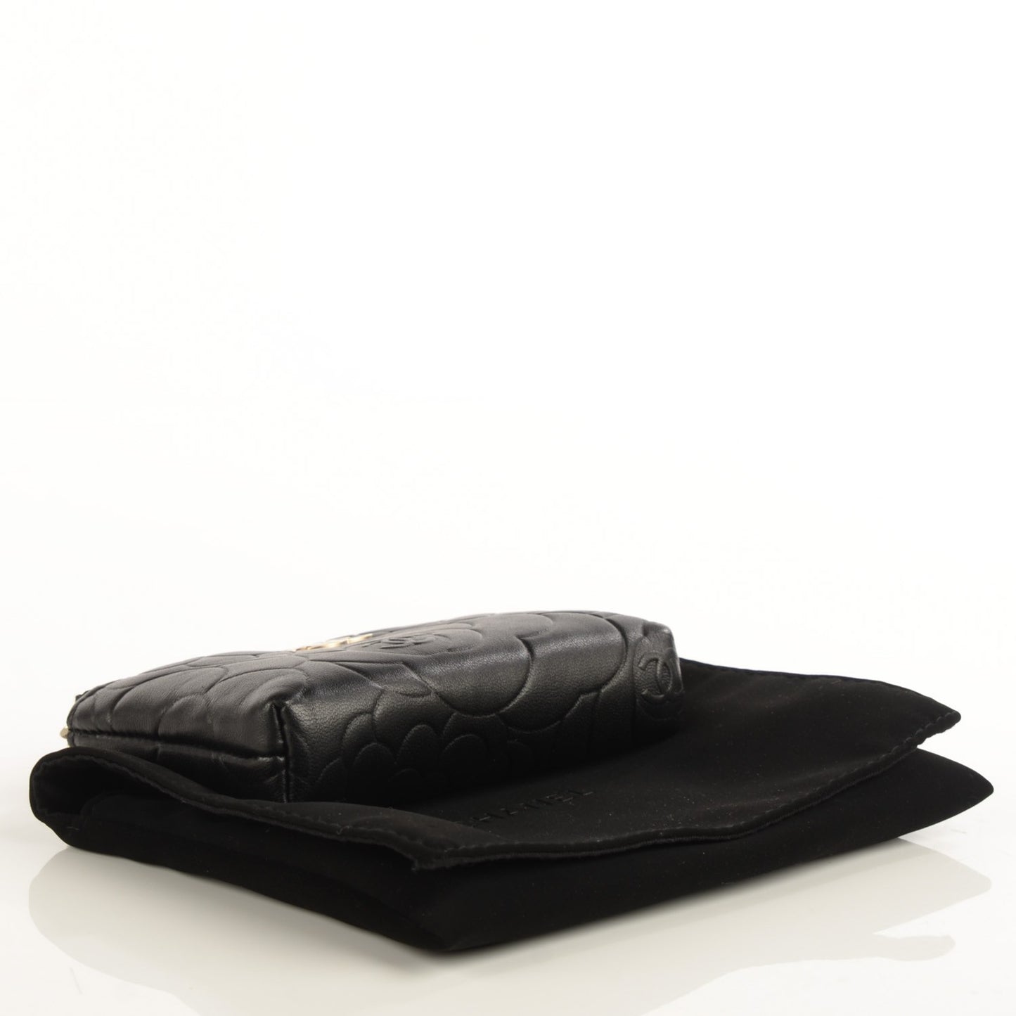 Lambskin Camellia Embossed Key Holder Case Black