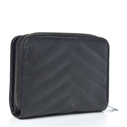 Saint Laurent Grain De Poudre Matelasse Chevron Monogram Compact Zip Around Wallet Black 3 of 11