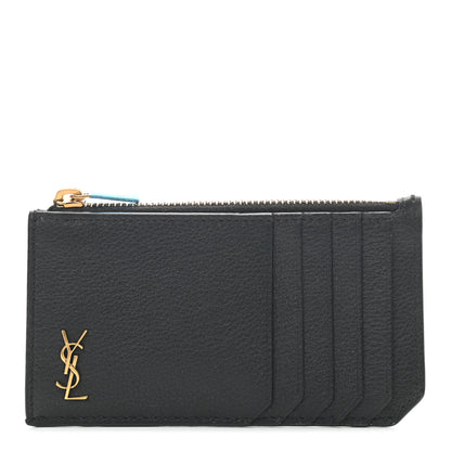 Saint Laurent Grained Calfskin Monogram 5 Fragments Zip Pouch Card Holder Black 1 of 7