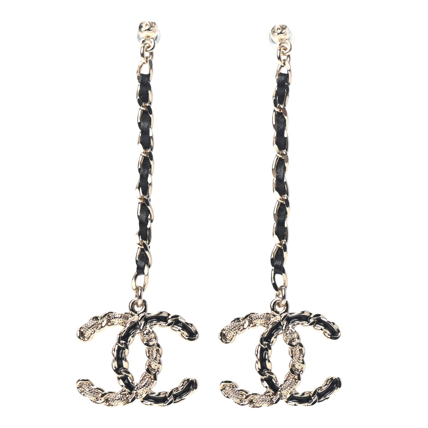 Chanel Lambskin Enamel Metal Chain French New Wave CC Drop Earrings Black Gold 1 of 3