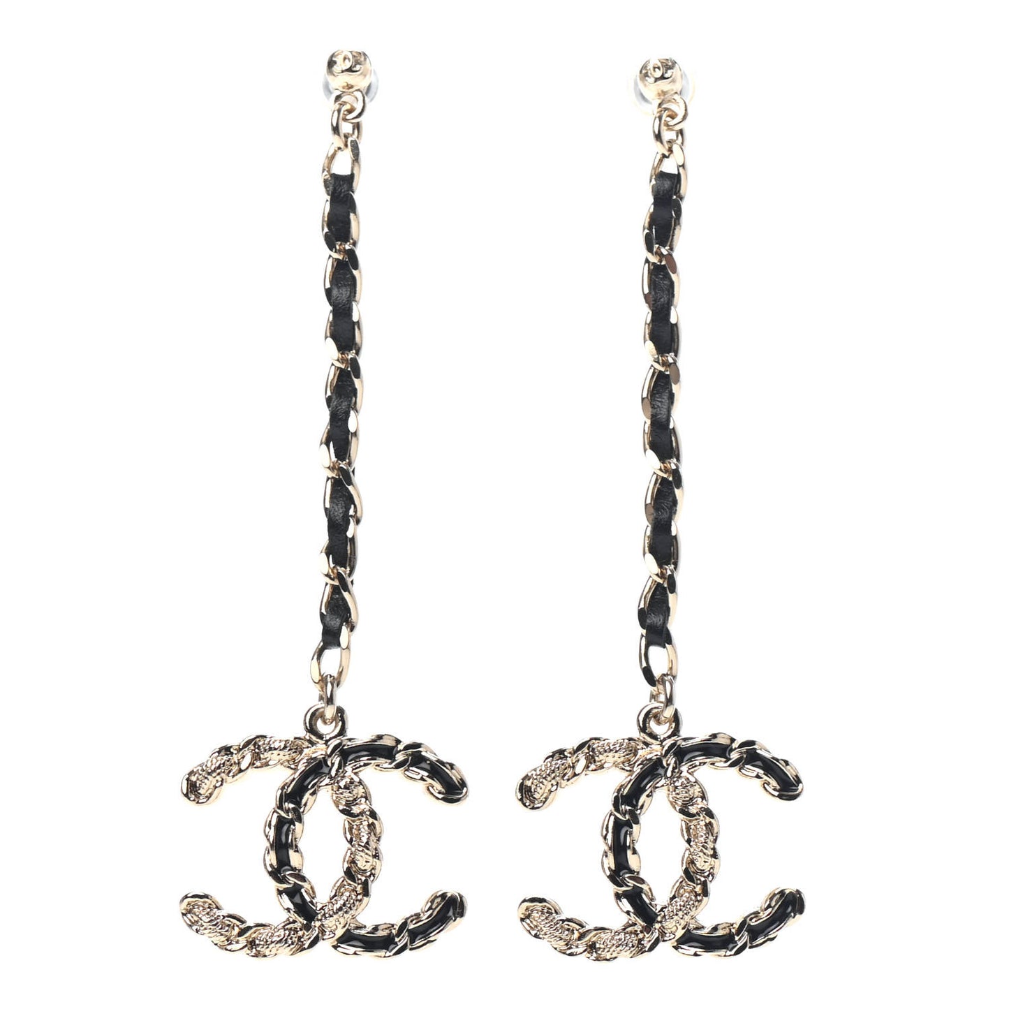 Lambskin Enamel Metal Chain French New Wave CC Drop Earrings Black Gold