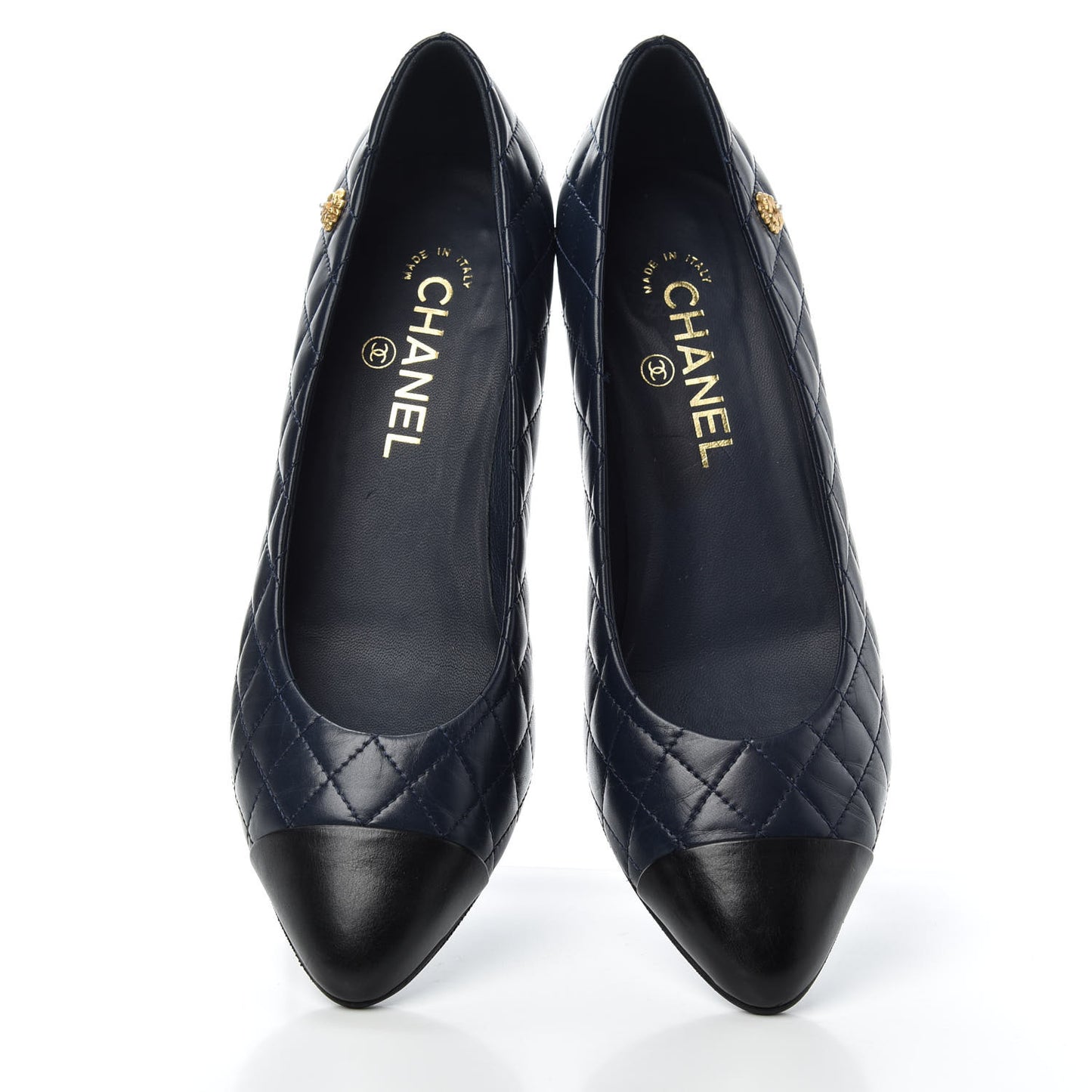 Calfskin Quilted Cap Toe Camellia Pumps 38 Navy Black