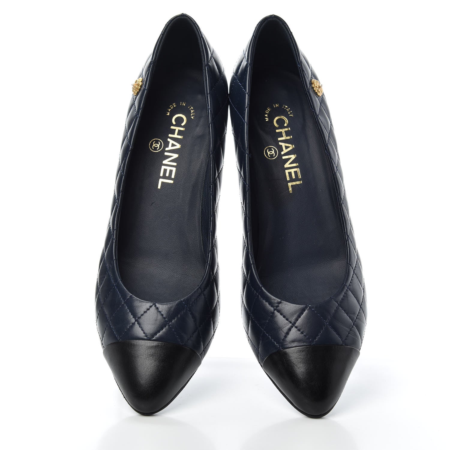 Chanel Calfskin Quilted Cap Toe Camellia Pumps 38 Navy Black 5 of 11