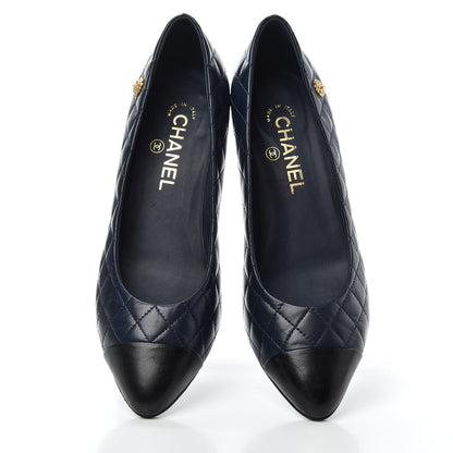 Chanel Calfskin Quilted Cap Toe Camellia Pumps 38 Navy Black 5 of 11